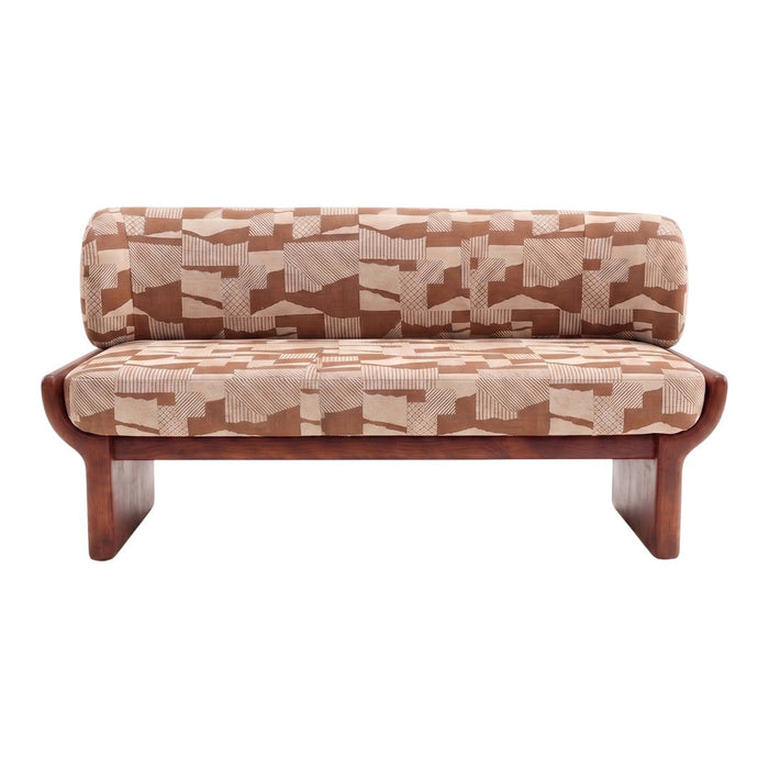 Brown and beige geometric patterned sofa with wooden frame, ideal for modern interior design.