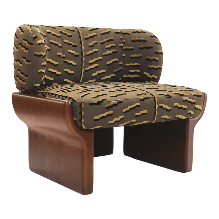 Brown upholstered chair with abstract, wavy patterns in tan and dark brown, featuring a sleek wooden base.