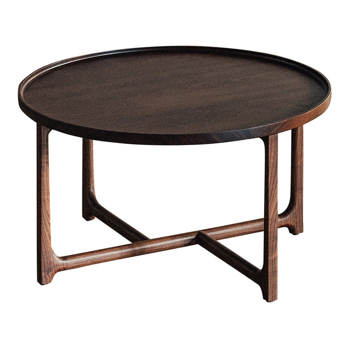 Round dark wood coffee table with an elegant minimalist design and smooth finish, featuring a contrasting lighter wooden base.