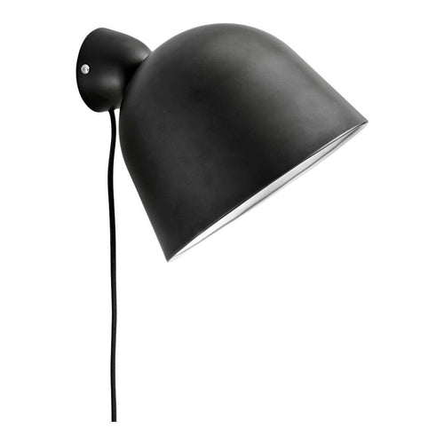 Black metal wall lamp with a smooth, curved dome shape and a sleek black cord, perfect for modern interiors.