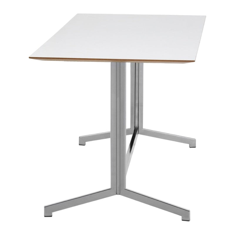 White rectangular tabletop with a light wood edge and sleek silver metal legs. Modern and minimalist design.