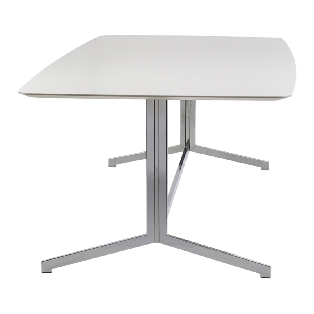 White tabletop with a sleek, glossy finish, paired with a modern chrome base for a contemporary look.