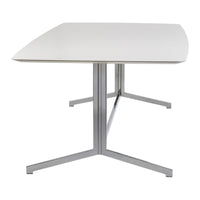 White tabletop with a sleek, glossy finish, paired with a modern chrome base for a contemporary look.