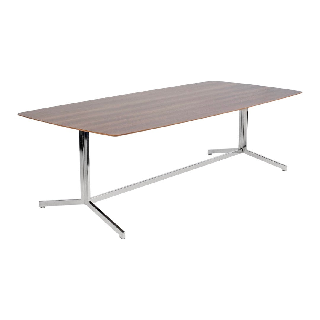 Wooden tabletop with a rich brown wood grain pattern, paired with sleek silver metal legs. Modern and stylish design.