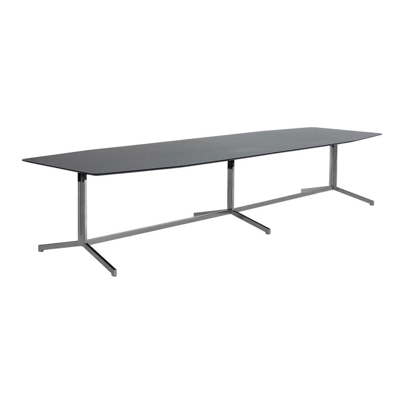 Sleek black tabletop on a minimalist silver metal base, featuring a modern, smooth design. Perfect for contemporary spaces.
