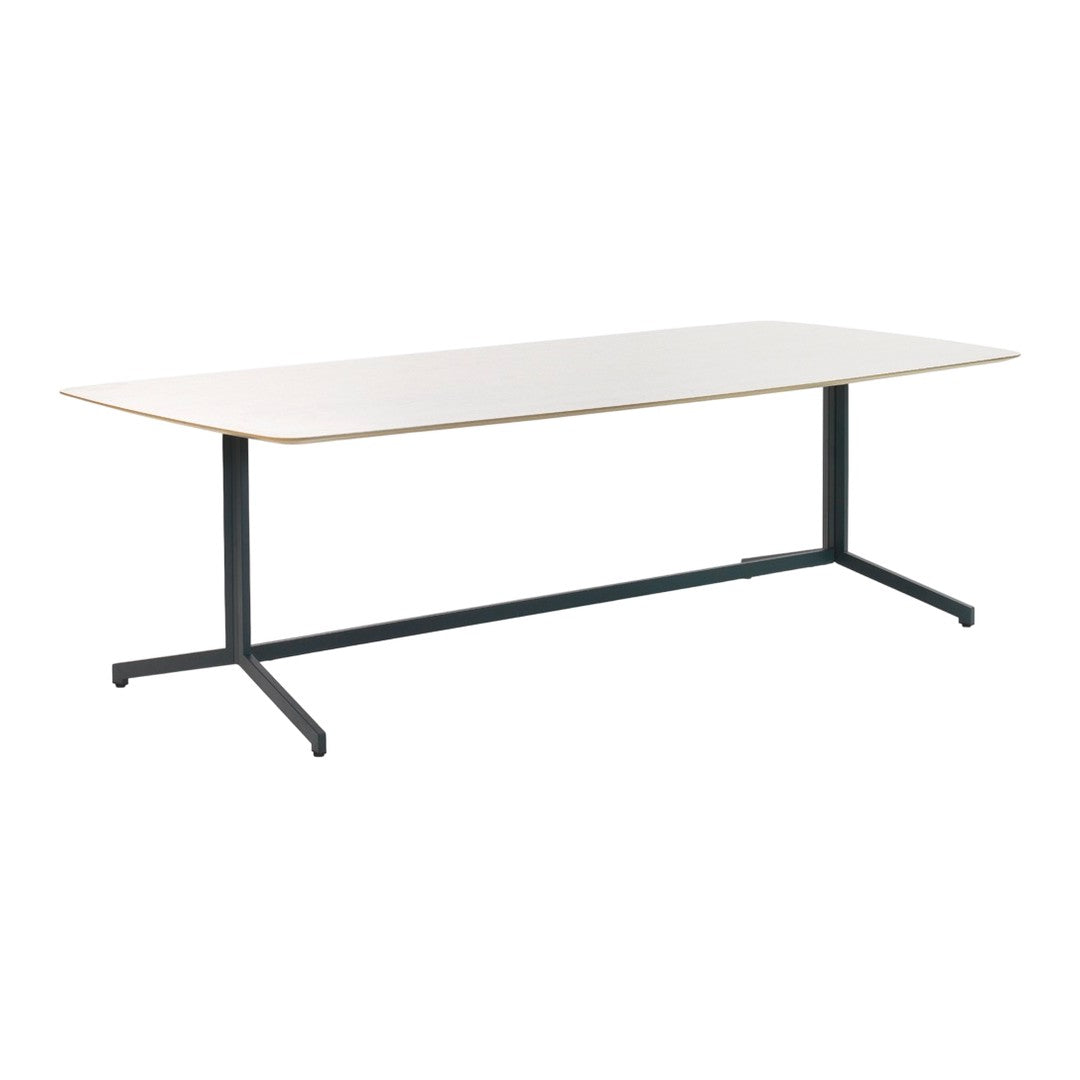 Light wood tabletop with smooth finish and dark metal legs in a minimalist design. Elegant and modern color palette.