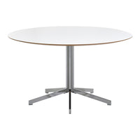 Round white table with a smooth surface and chrome base, featuring minimalist design and sleek lines.