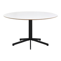 Round white tabletop with a sleek black metal base, featuring a modern minimalist design. Ideal for contemporary settings.