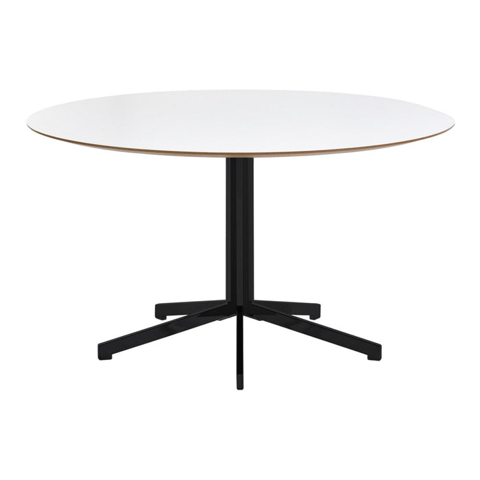 Round white tabletop with a sleek black metal base, featuring a modern minimalist design. Ideal for contemporary settings.