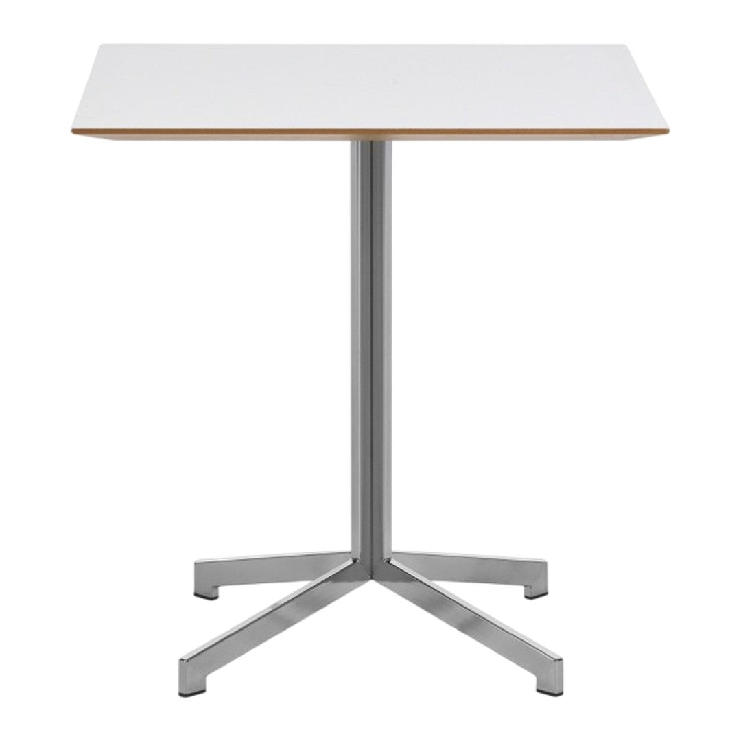 White tabletop with natural wood edge and sleek silver metal base, featuring a minimalistic design and clean lines.
