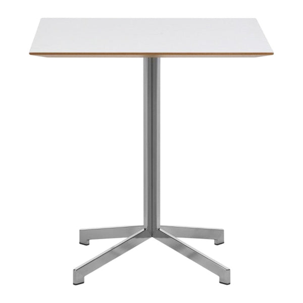 White tabletop with natural wood edge and sleek silver metal base, featuring a minimalistic design and clean lines.