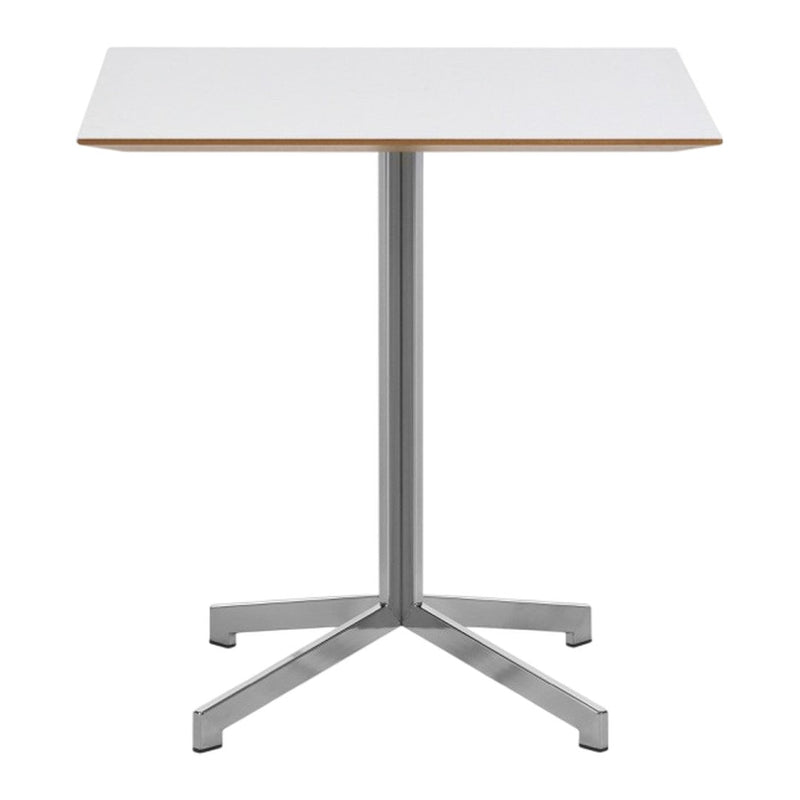 White tabletop with natural wood edge and sleek silver metal base, featuring a minimalistic design and clean lines.