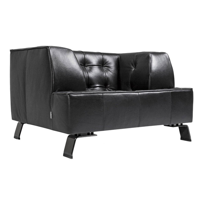 Black faux leather loveseat with tufted design and sleek metal legs, perfect for modern decor.