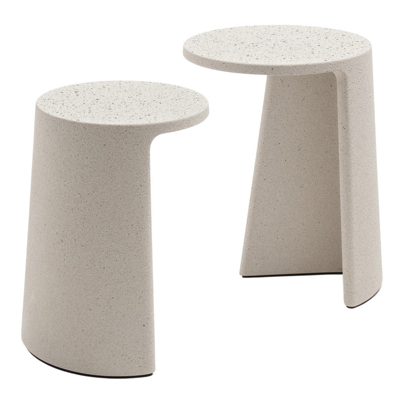 Set of two modern stone-like side tables in a soft, speckled light gray finish with smooth, minimalist design.