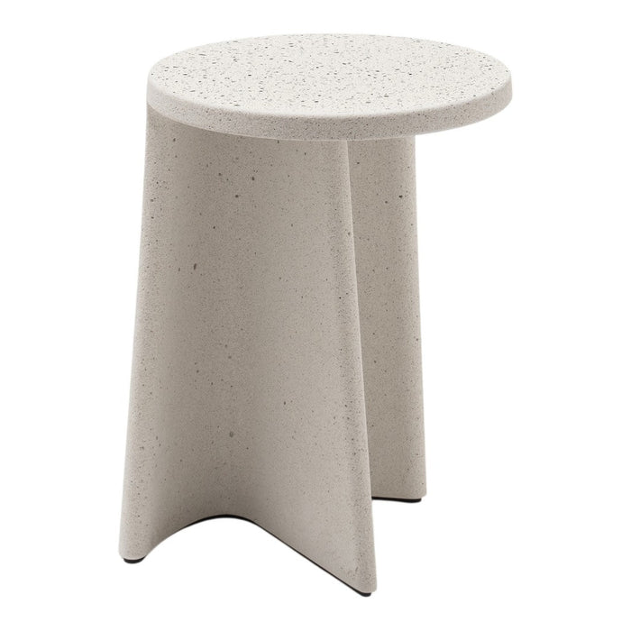 Light gray textured side table with a circular top and angular legs, featuring a speckled pattern.