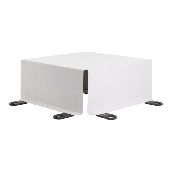 White square storage box with sleek, minimalist design and black mounting feet for modern decor.