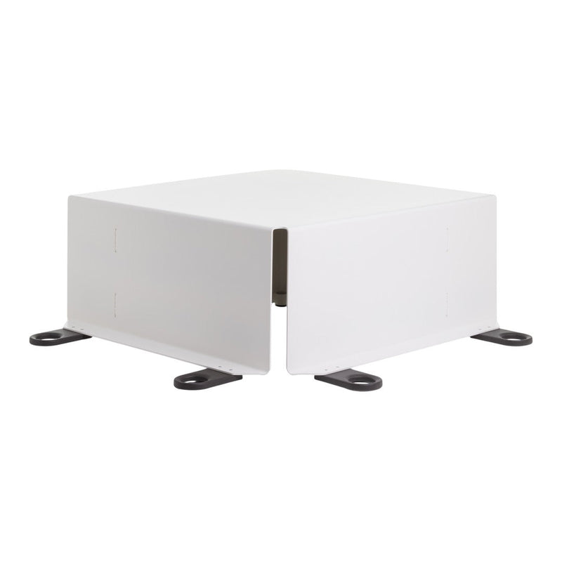 White square storage box with sleek, minimalist design and black mounting feet for modern decor.