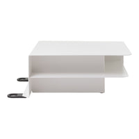 White modern storage shelf with sleek lines and minimalist design, featuring black accent handles for contrast.