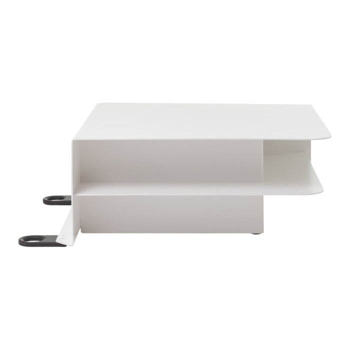 White modern storage shelf with sleek lines and minimalist design, featuring black accent handles for contrast.