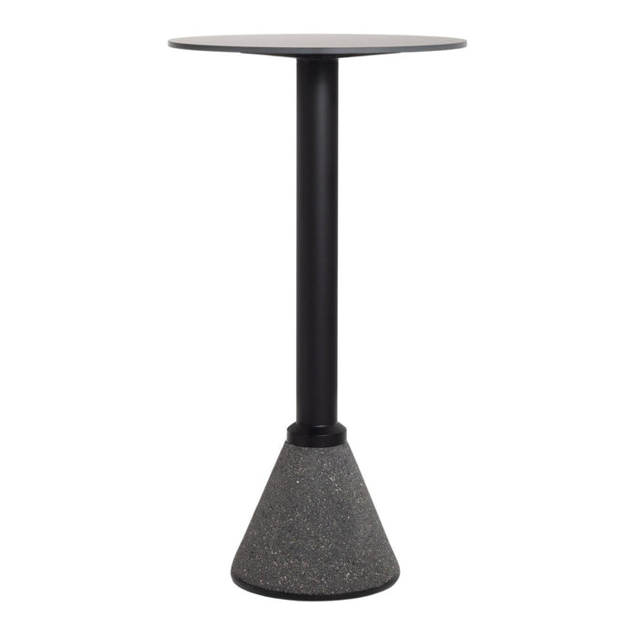 Black circular table with a textured gray cone base, minimalistic design, modern aesthetic. Perfect for contemporary decor.