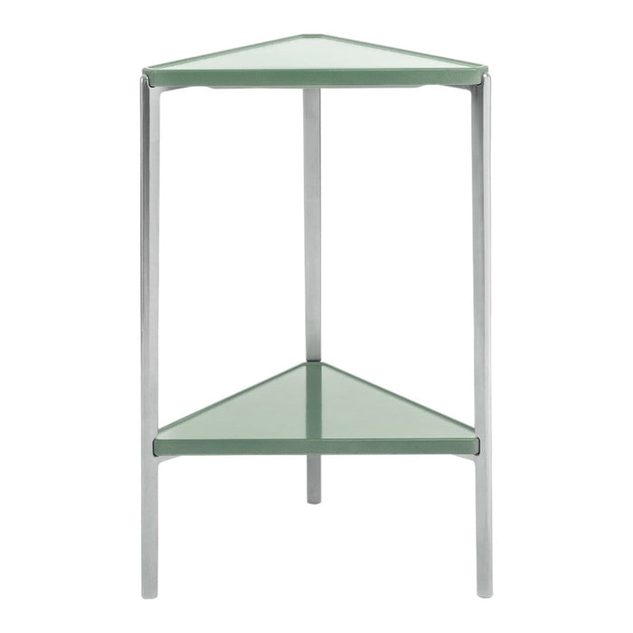 "Two-tiered triangular table with sleek silver legs and soft green glass surfaces."