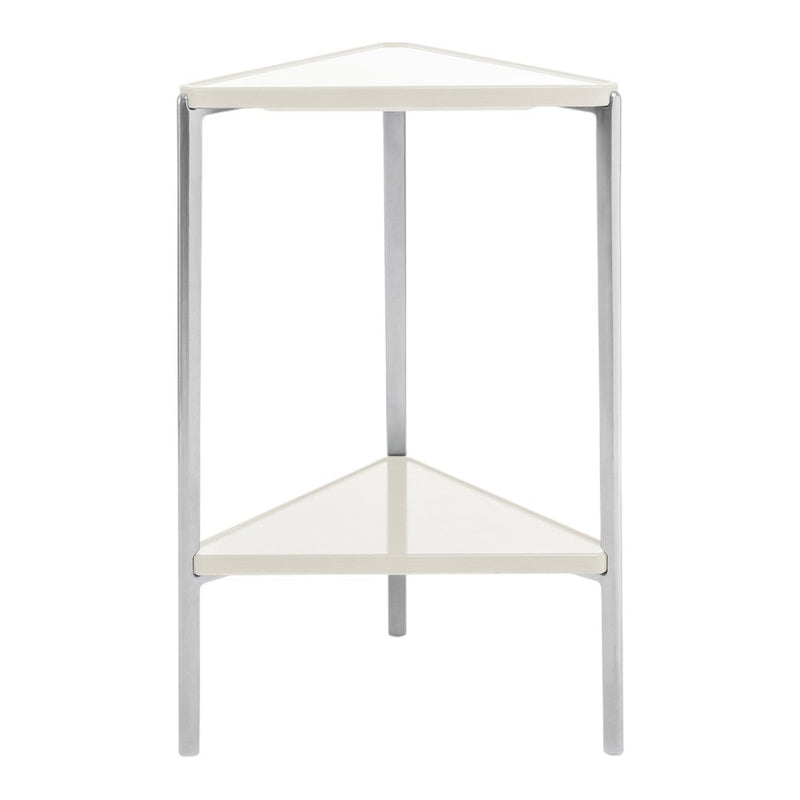 White triangular side table with sleek silver legs, featuring a minimalist design and smooth surfaces.