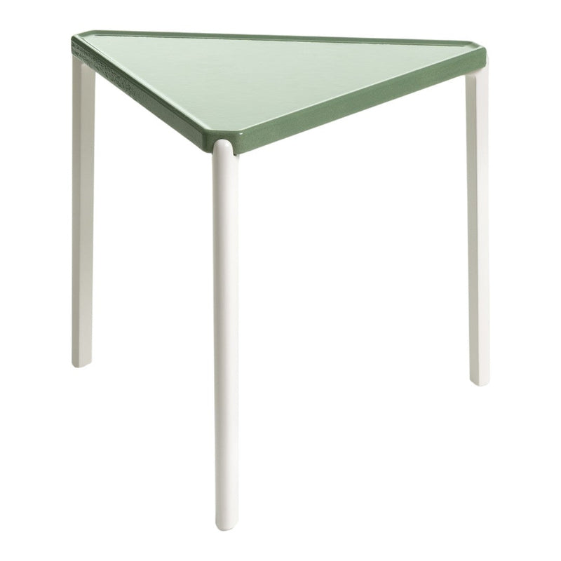 Triangular table with a glass top in soft green and white legs, featuring a minimalist design.