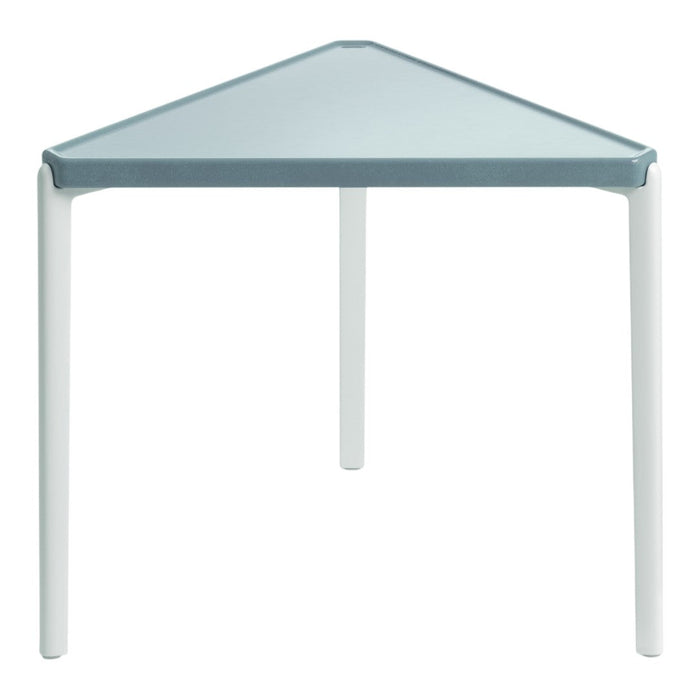 Modern triangular table with a sleek light blue top and white legs, perfect for contemporary decor.