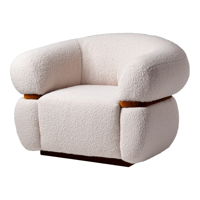 Cream-colored, textured boucle upholstery armchair with smooth wood accents. Modern design with soft, rounded shapes.