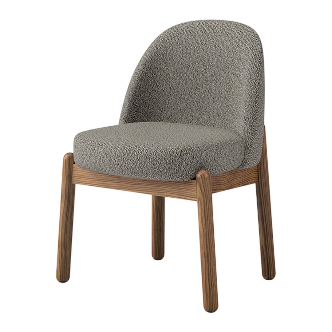 Charcoal gray textured upholstery chair with natural wood legs, featuring a modern, minimalist design.