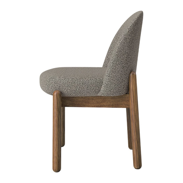 Side view of a gray textured chair with wooden legs, featuring a subtle speckled pattern.