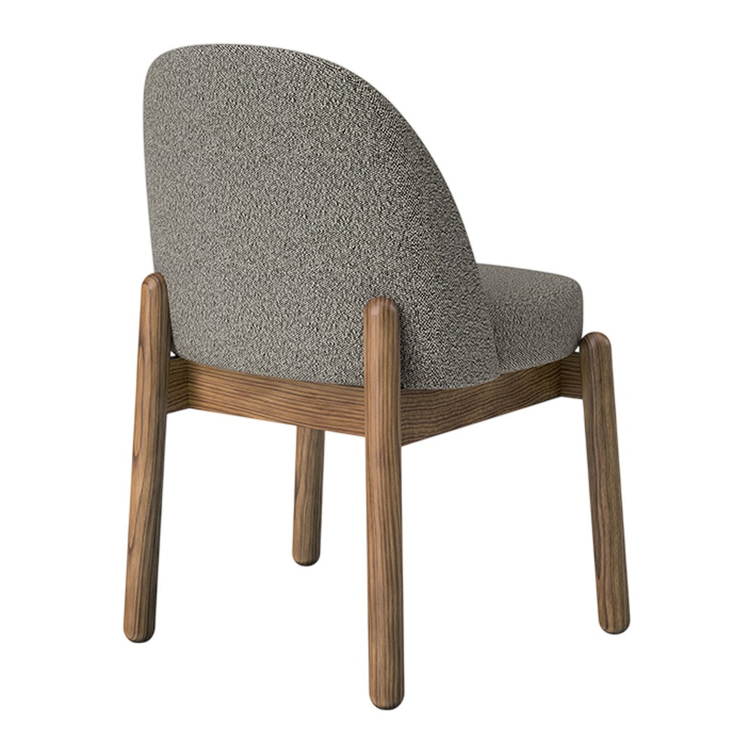 Gray patterned upholstery with a wood base, featuring a rounded back and clean lines for a modern look.