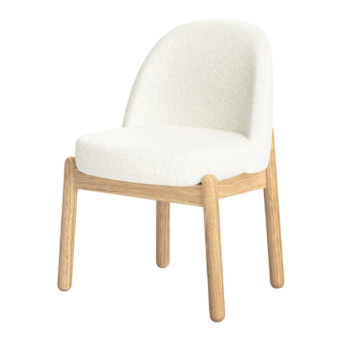 Stylish white upholstered chair with a natural wood frame, featuring a sleek, minimalist design.