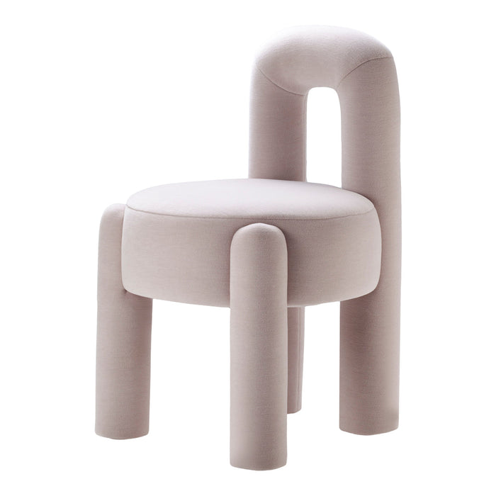Soft pink upholstered chair with minimalist design and rounded shapes, perfect for modern decor.
