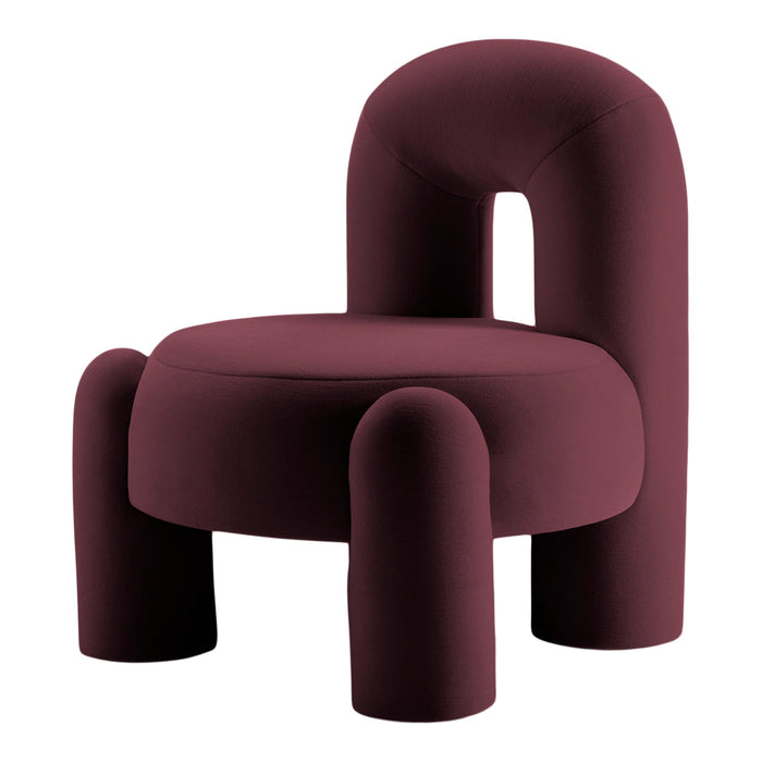 Burgundy upholstered chair with smooth, rounded shapes and minimalistic design, perfect for modern interiors.