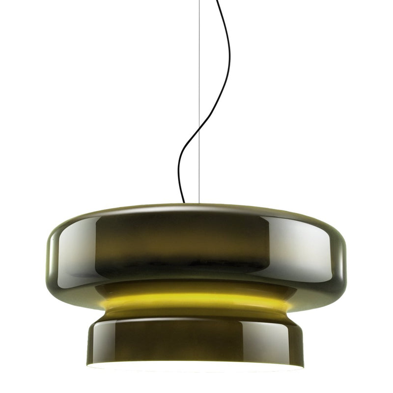 "Modern pendant lamp in glossy olive green with yellow accents and smooth, rounded design."