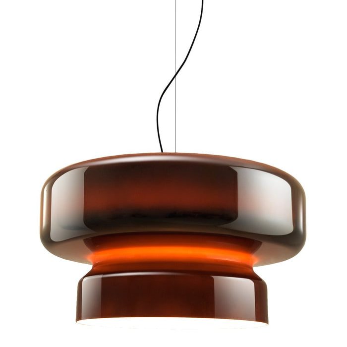 Amber and brown pendant lamp with a glossy finish and modern silhouette, featuring a circular pattern design.