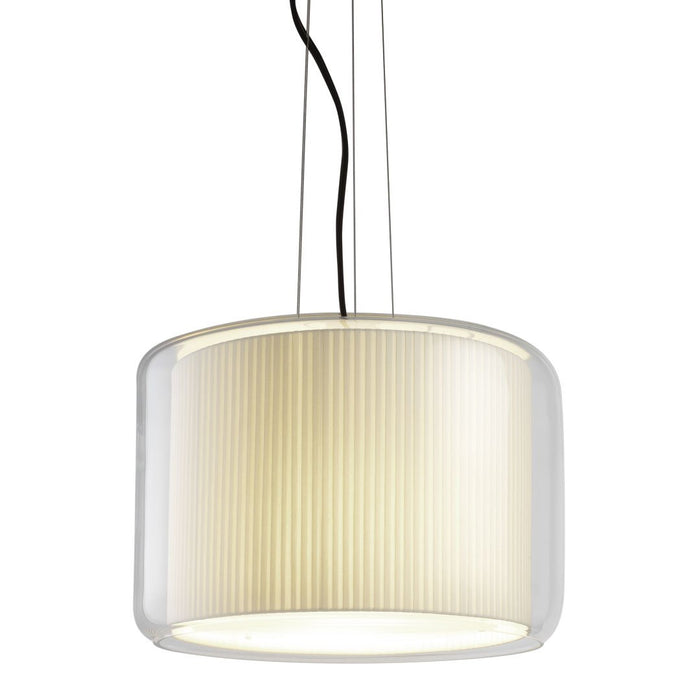 White pleated lamp shade with transparent outer layer, featuring a sleek cylindrical design and black hanging cord.