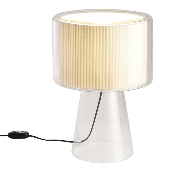 Translucent lamp with a beige pleated shade and a clear base, creating a modern and elegant design.