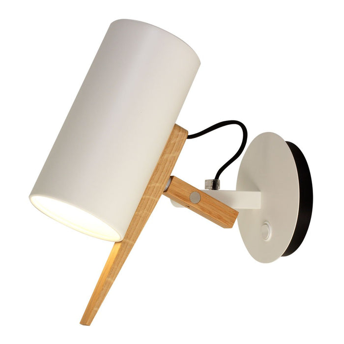 Modern white cylindrical lamp with wood and black accents, showcasing a sleek and minimalist design.