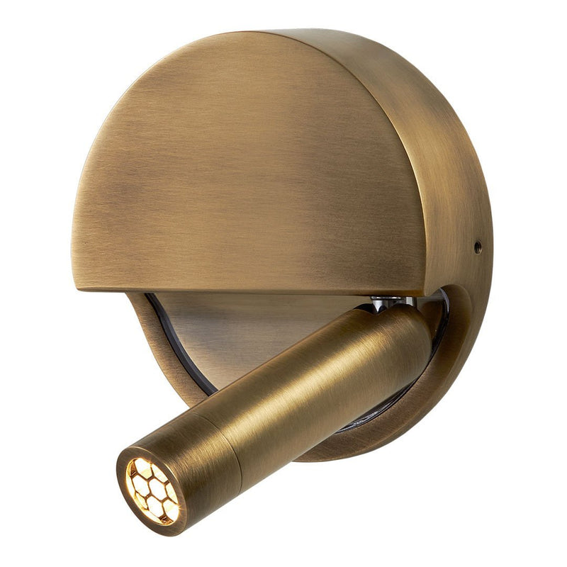 Bronze wall light fixture with a sleek, modern design and circular patterns, featuring a pivoting LED spotlight.