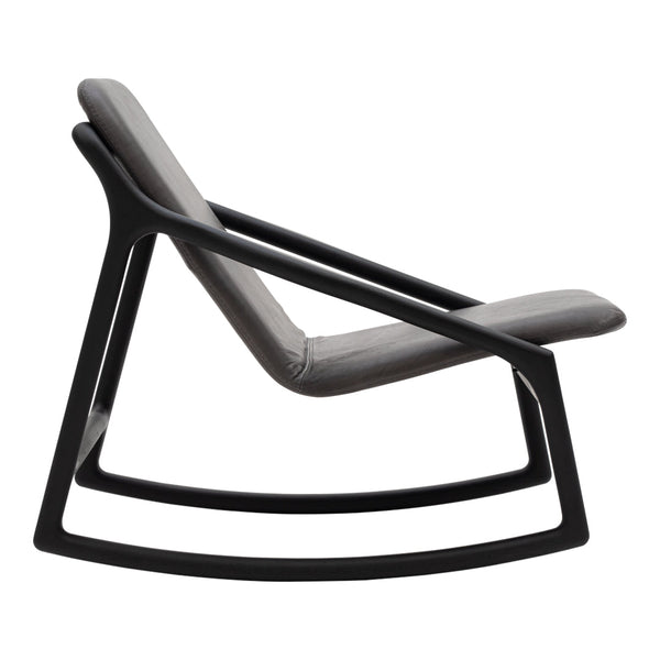 Stylish gray rocking chair with sleek black frame, featuring a modern minimalist design. Perfect for contemporary decor.