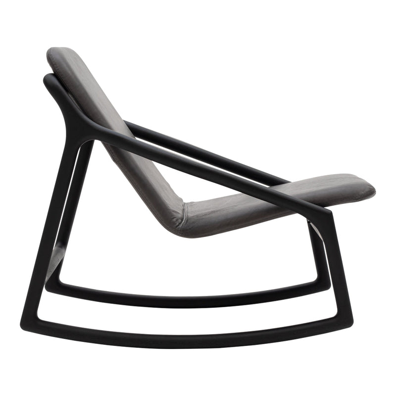 Stylish gray rocking chair with sleek black frame, featuring a modern minimalist design. Perfect for contemporary decor.