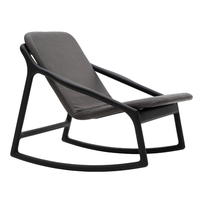 Sleek modern rocking chair in dark gray leather with a minimalist black frame, featuring clean lines and curved design.