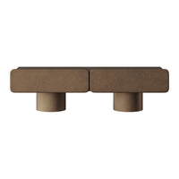 Brown rectangular coffee table with a smooth finish and cylindrical base, perfect for modern interiors.