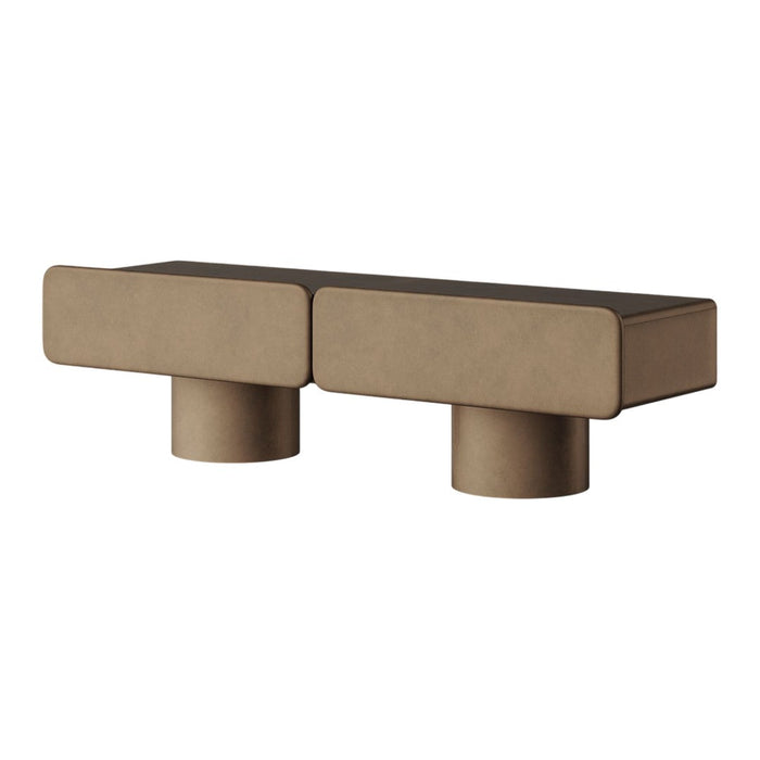 Modern beige bench with smooth texture and minimalist design, featuring rounded bases and clean lines.