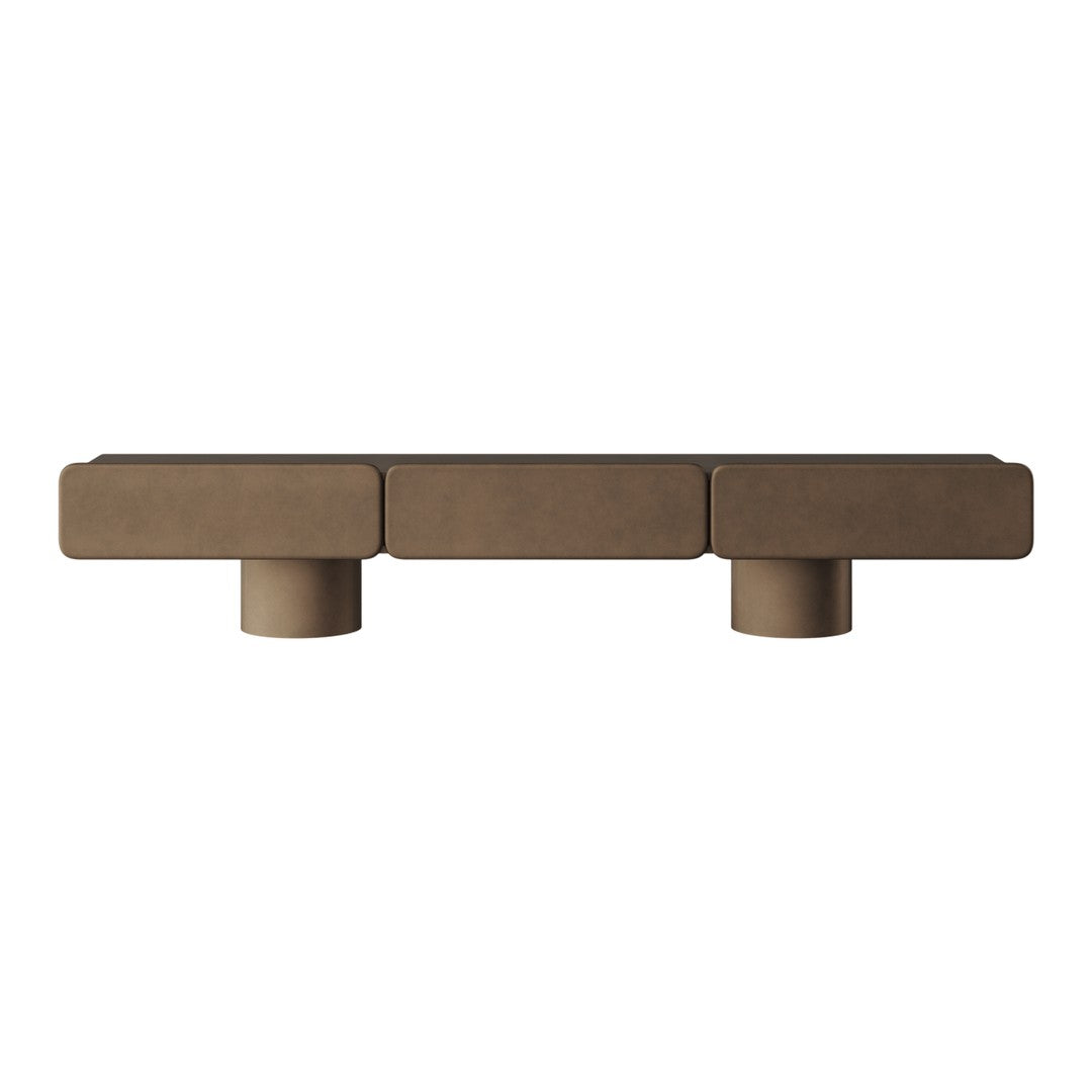 Brown modern console table with a sleek, minimalist design and cylindrical legs. Ideal for contemporary decor.