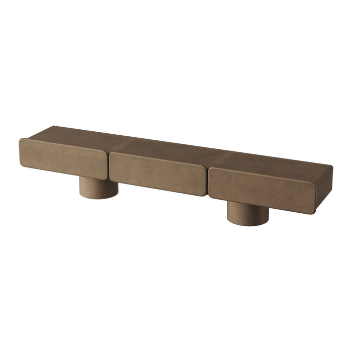 Brown minimalist bench with three rectangular sections and cylindrical legs, featuring a smooth, matte texture.