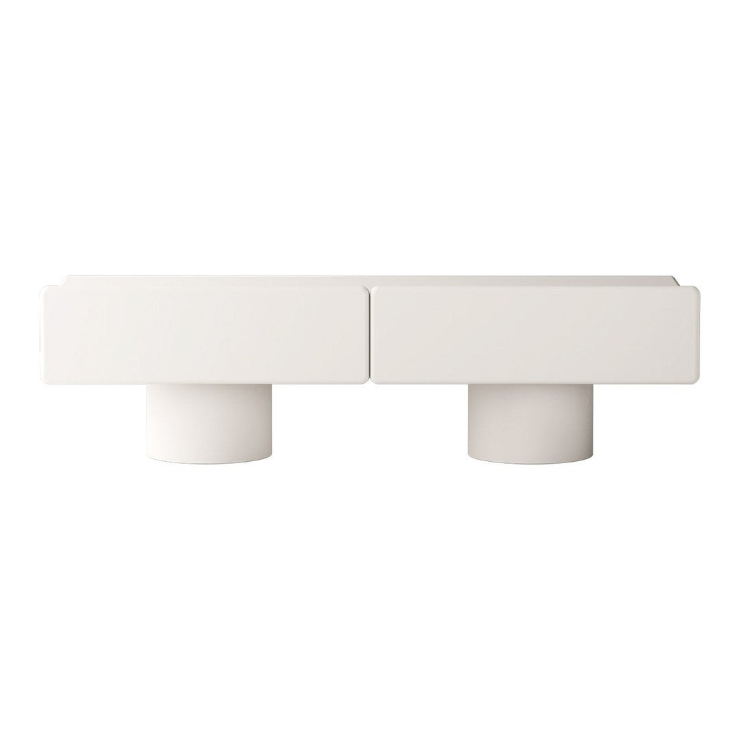 Modern white coffee table featuring a minimalist design with smooth surfaces and cylindrical legs.