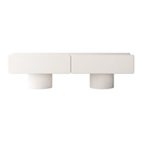 Modern white coffee table featuring a minimalist design with smooth surfaces and cylindrical legs.
